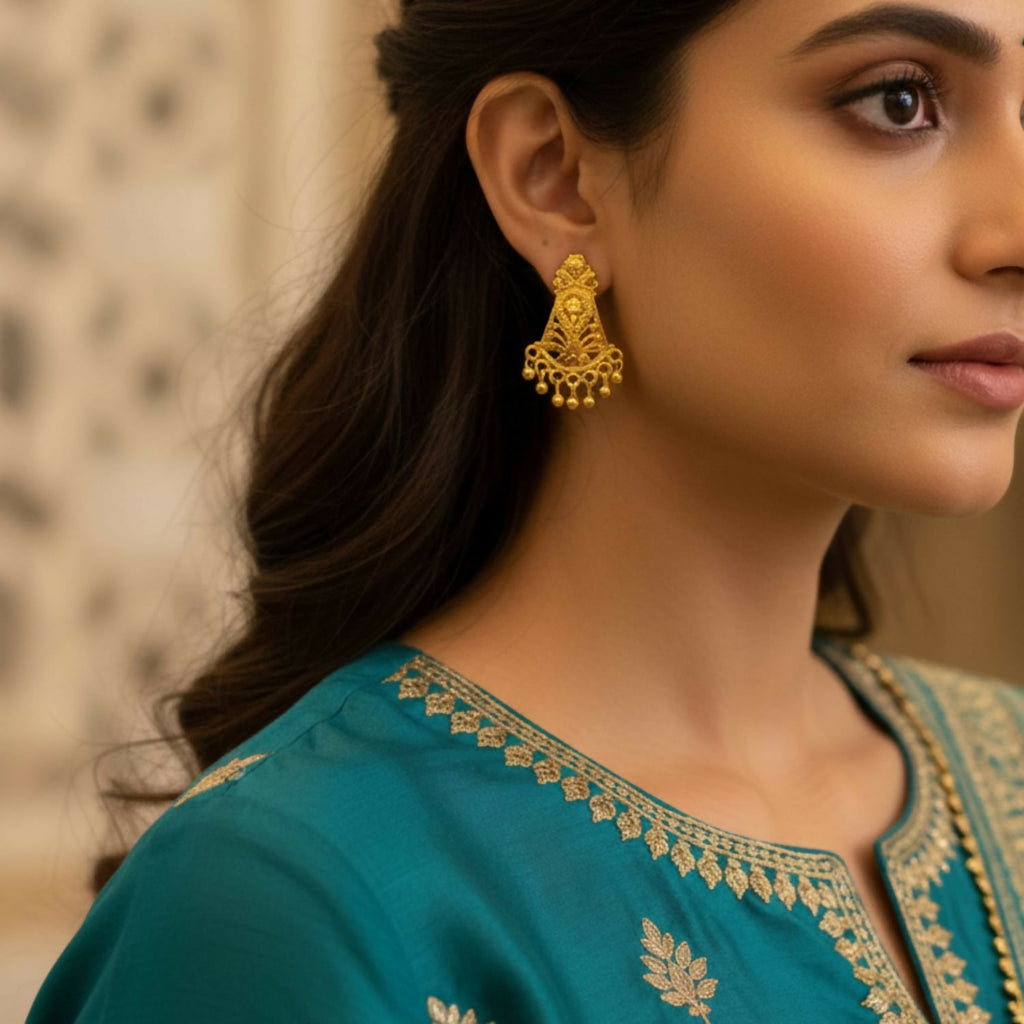 Golden Jhumka Earrings – Elegant Traditional Indian Jewellery