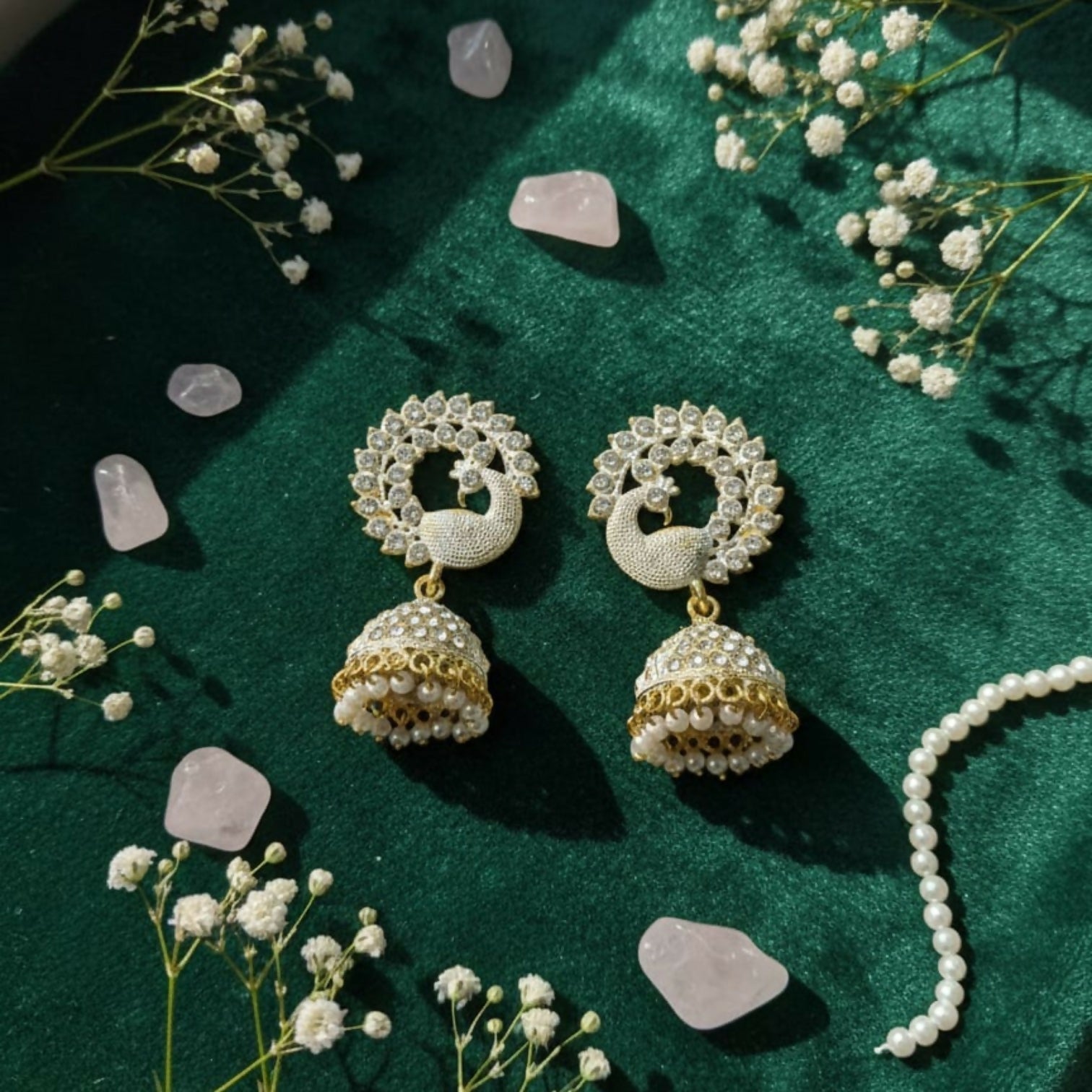 White Stone Pearl Jhumka Earrings – Elegant Festive Jewellery