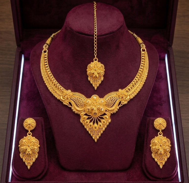 Gold Plated Bridal Necklace Set with Earrings and Maang Tikka Traditional Jewellery