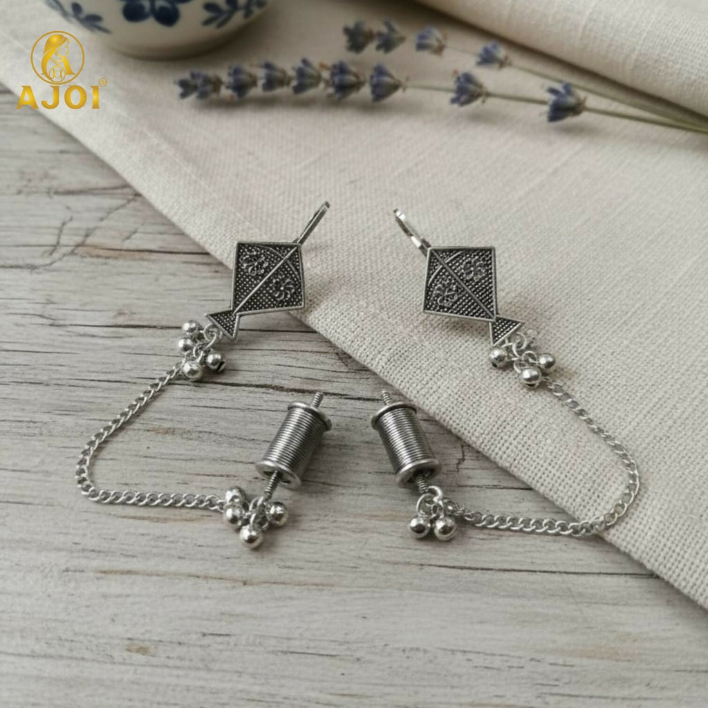 Oxidised Silver Earrings – Kite Design with Chain & Ghungroo