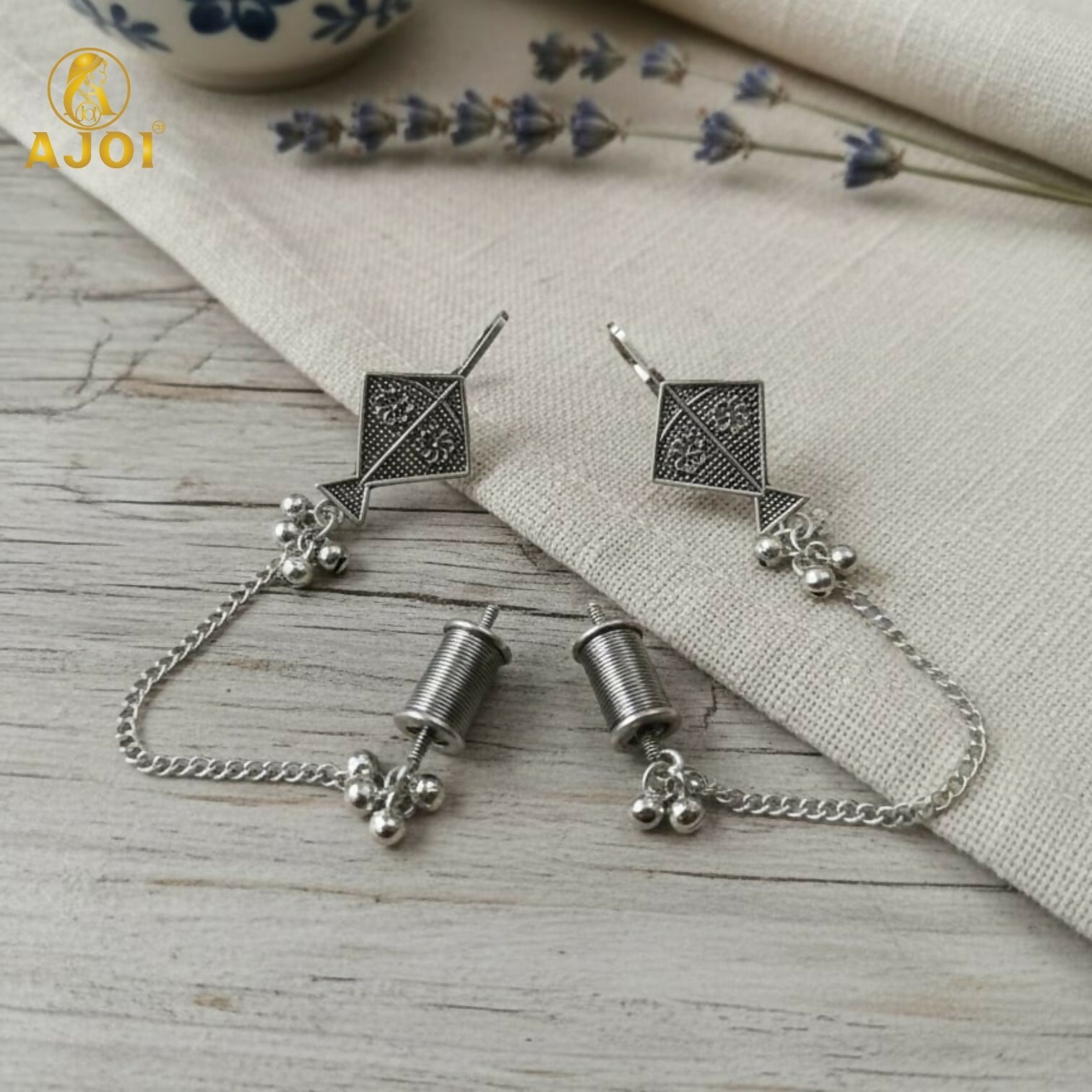 Oxidised Silver Earrings – Kite Design with Chain & Ghungroo