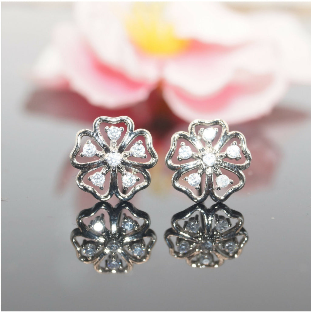 Sterling Silver Floral Stud Earrings – Delicate Cubic Zirconia Design