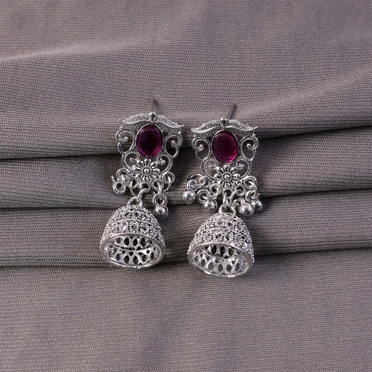 Silver Jhumka Earrings – Traditional Pink Stone & Filigree