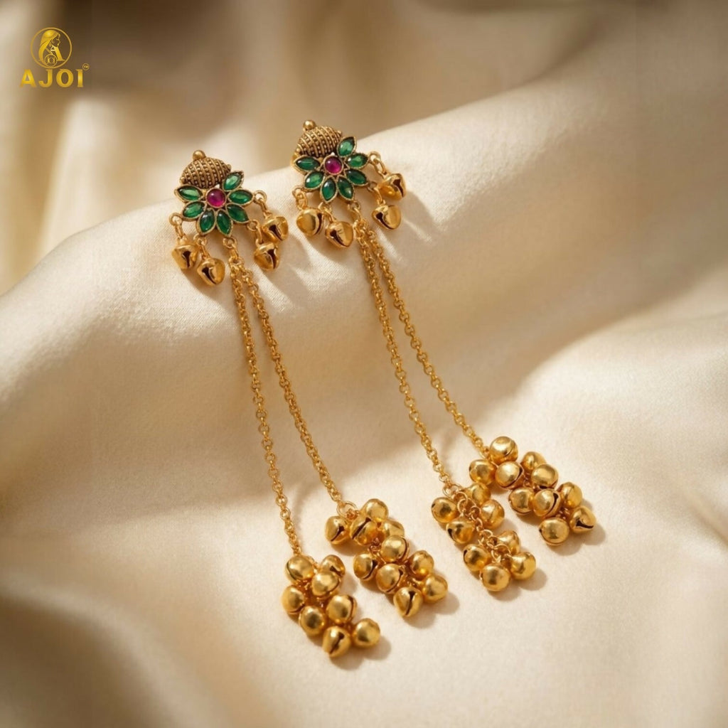 Floral Stud Ghungroo Jhumki Earrings – Long Drop Ethnic Design