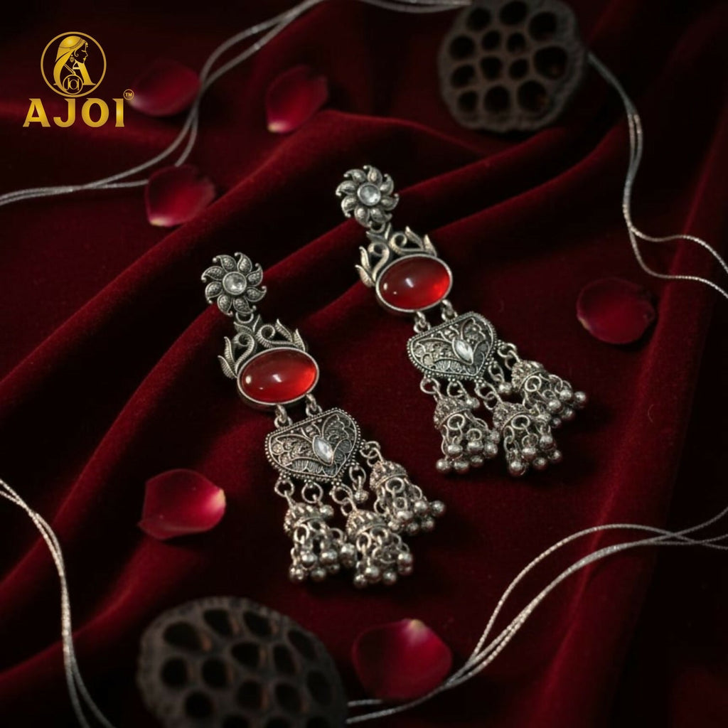 Oxidized Silver Jhumka Earrings – Red Stone & Ornate Filigree