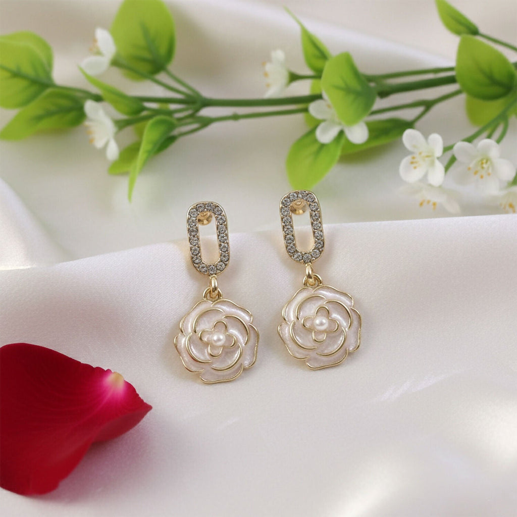 Gold Plated Flower Drop Earrings – Korean Style Elegant Design