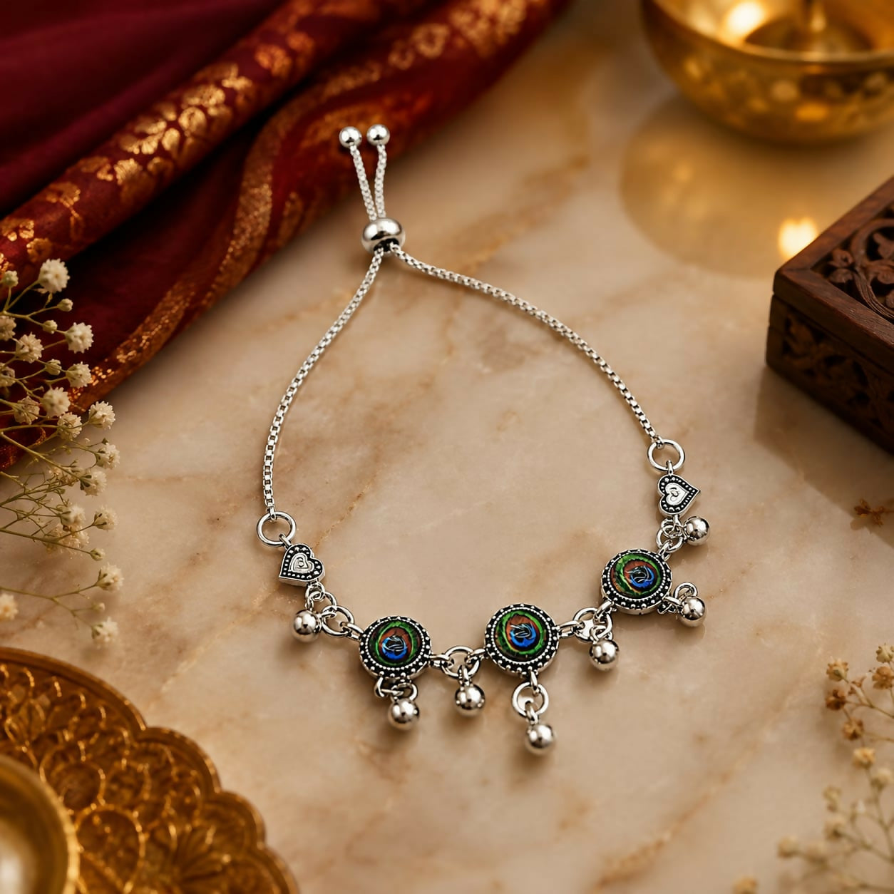 Antique Silver Peacock Feather Charm Bracelet | Adjustable Slider Chain Boho Jewelry