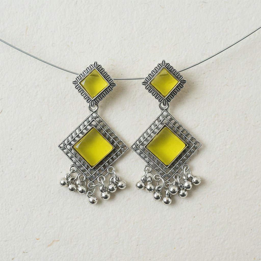 Oxidised Dangler Earrings – Traditional Indian Yellow Monalisa Stones