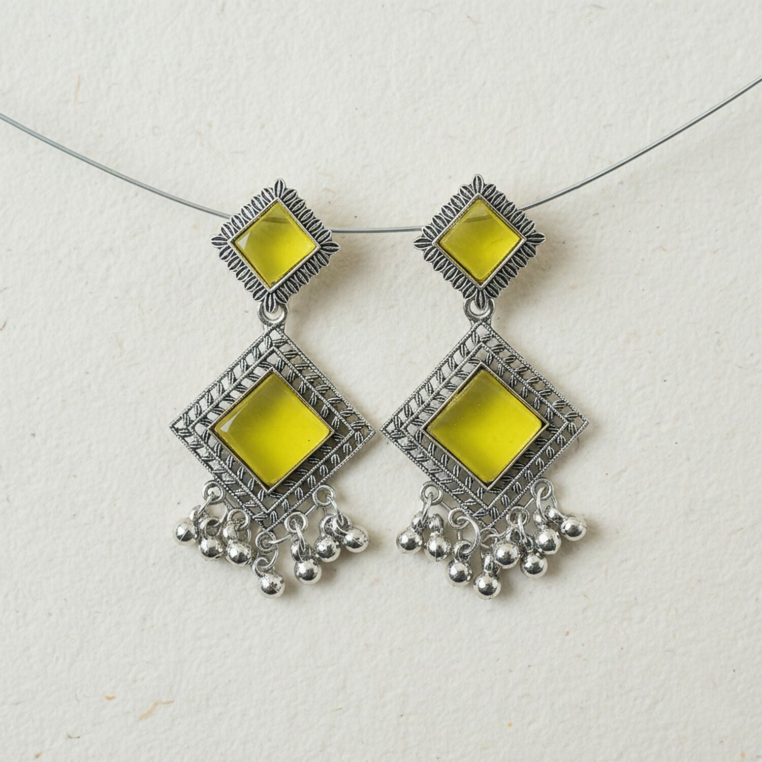 Oxidised Dangler Earrings – Traditional Indian Yellow Monalisa Stones
