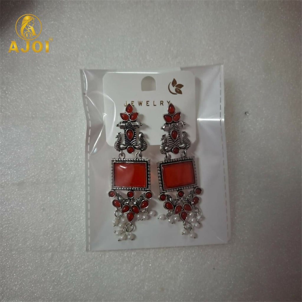 Red Stone Oxidised Silver Earrings with Pearl Danglers – Elegant Ethnic Jewelry