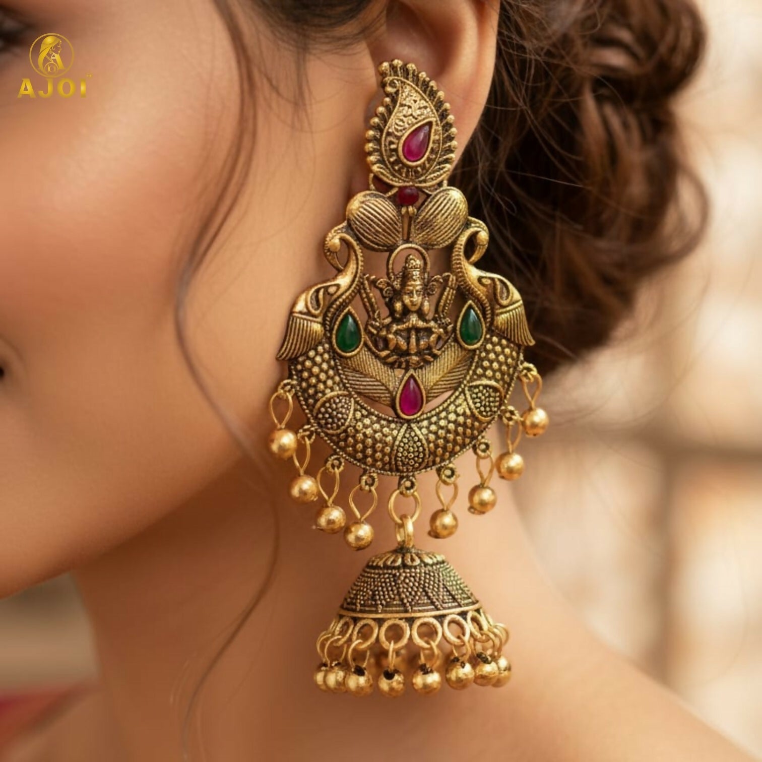 Temple Jhumka Earrings – Antique Gold Plated with Lakshmi Motif