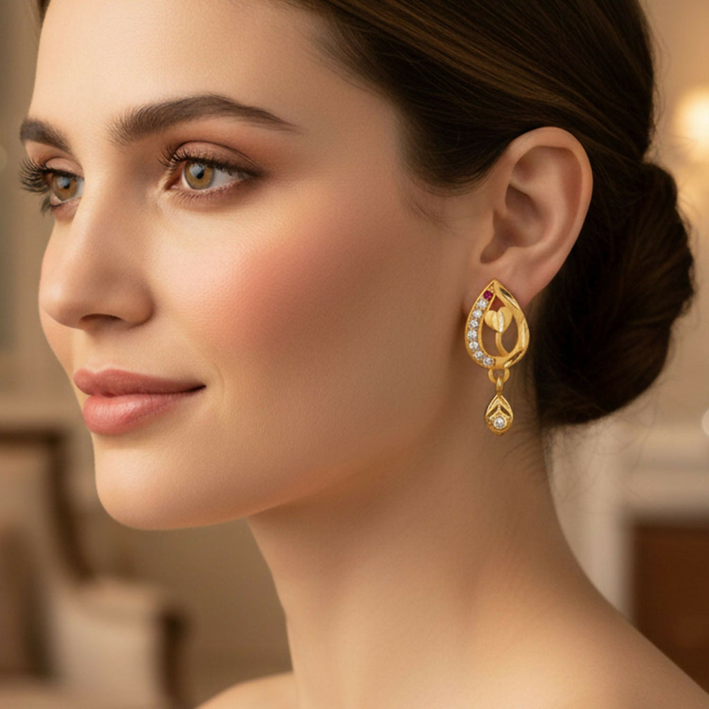 Teardrop Leaf Gold-Plated Ruby Earrings – Elegant Daily Wear