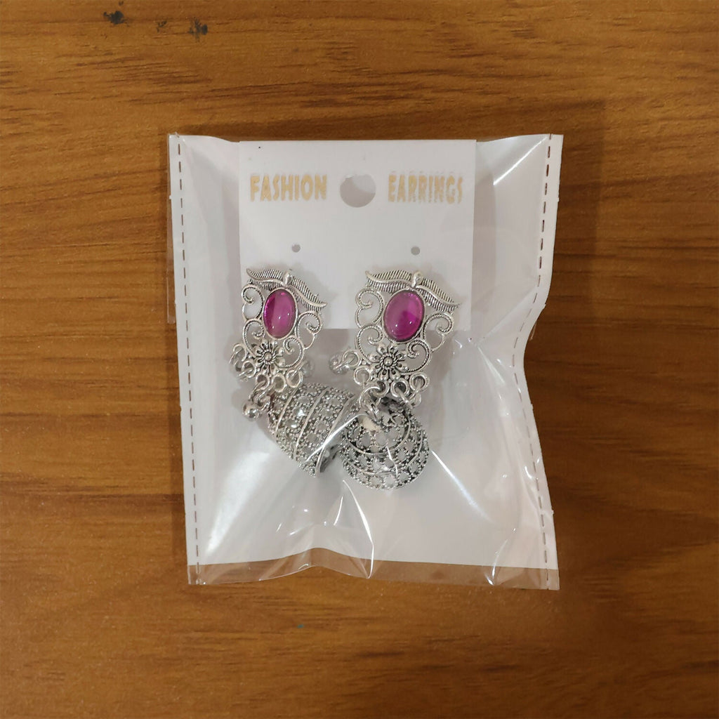 Silver Jhumka Earrings – Traditional Pink Stone & Filigree