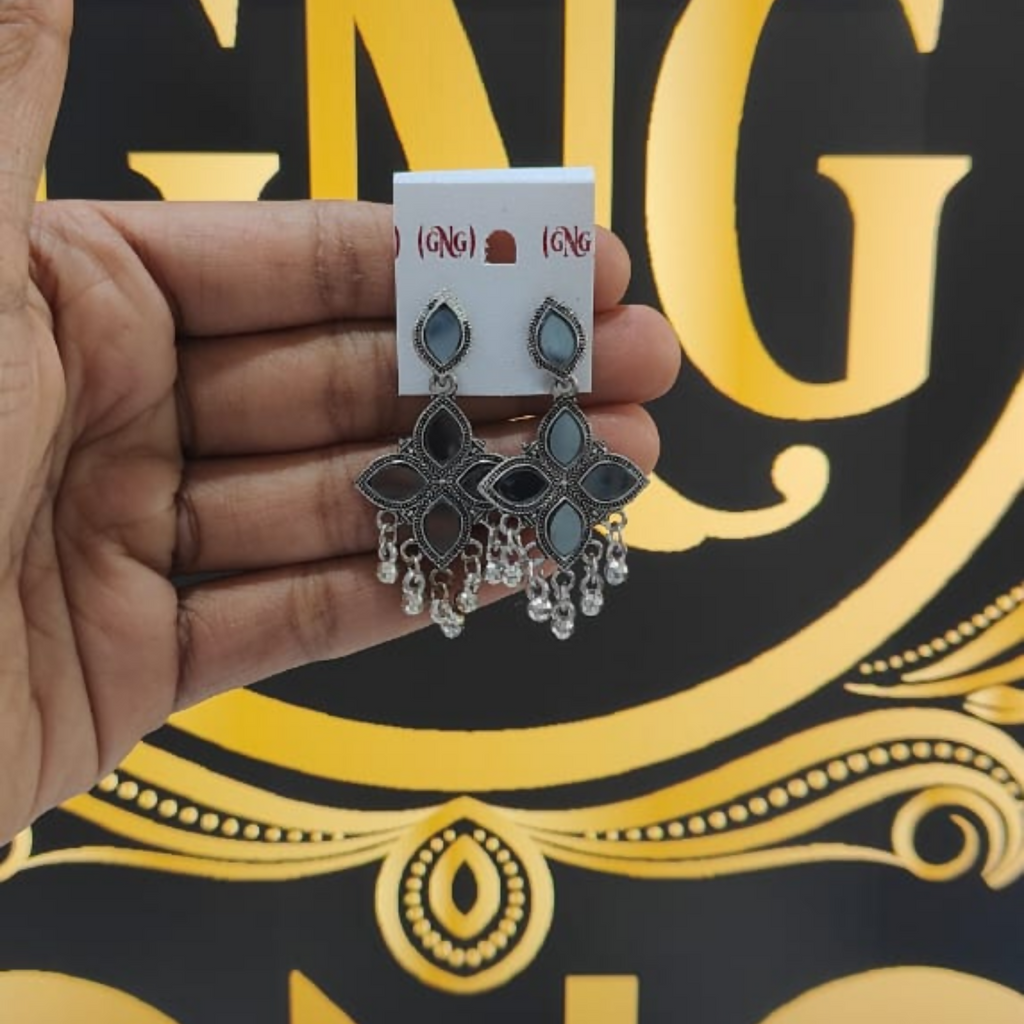 Oxidised Jhumka Earrings – Silver Mirror & White Stones