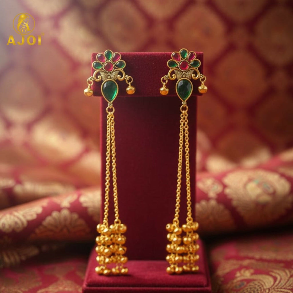 Kashmiri Gold Plated Floral Long Latkan Earrings – Elegant Ethnic Style