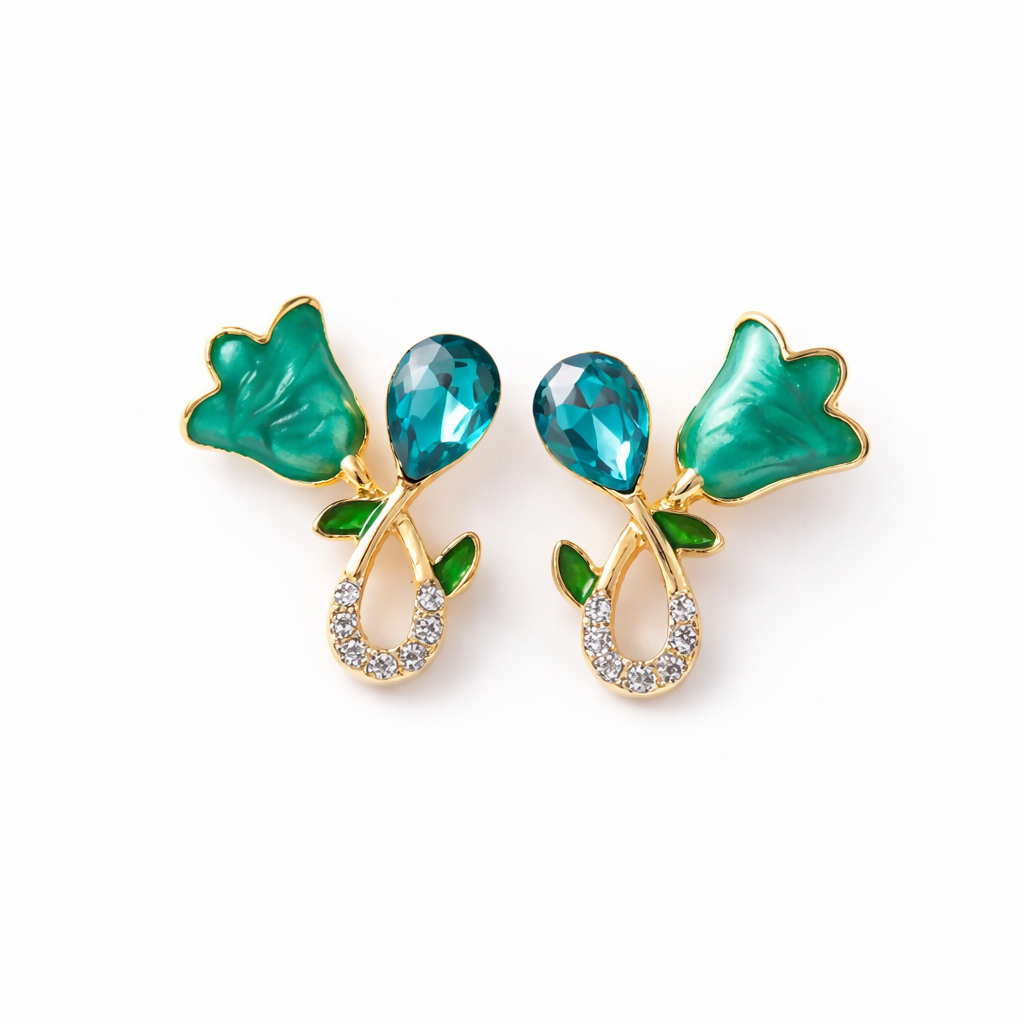 Green Floral Stud Earrings – Gold Plated Crystal Design