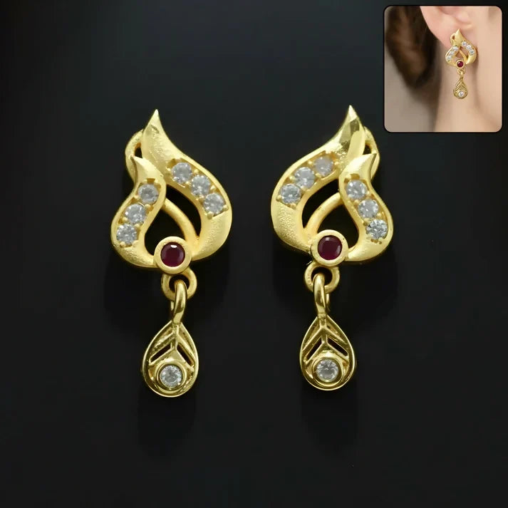 Gold Tone Leaf Earrings with Ruby Accent and Hanging Drop
