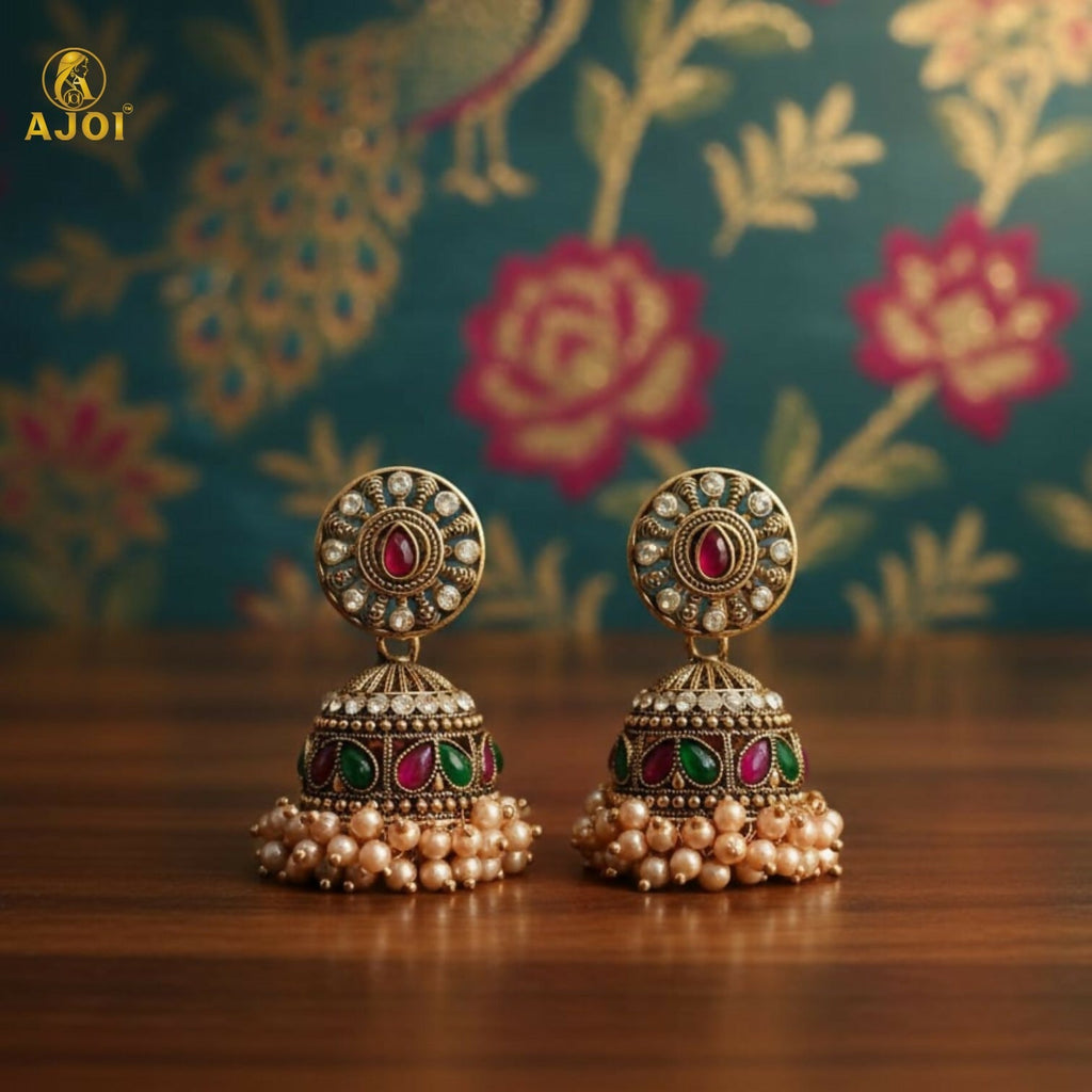 Antique Gold Pearl Drop Jhumka Earrings – Elegant Green & Pink Stones