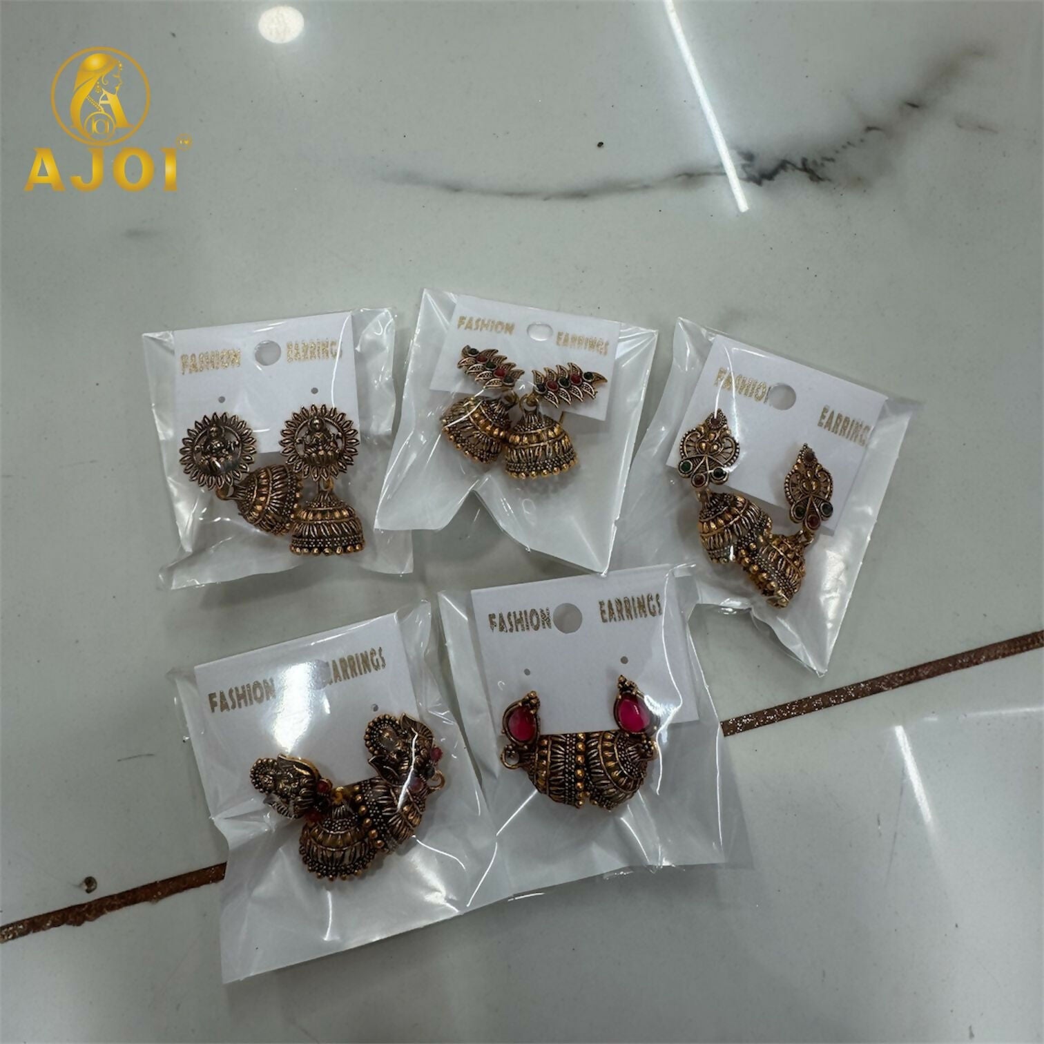 Temple Jhumka Earrings Set – Traditional Antique Gold-Plated Combo of 5