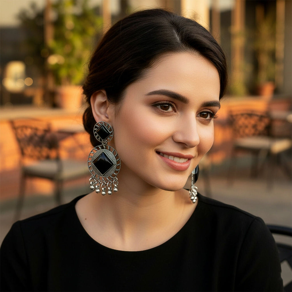 Oxidized Silver Earrings – Vintage Charm Black Stone Design