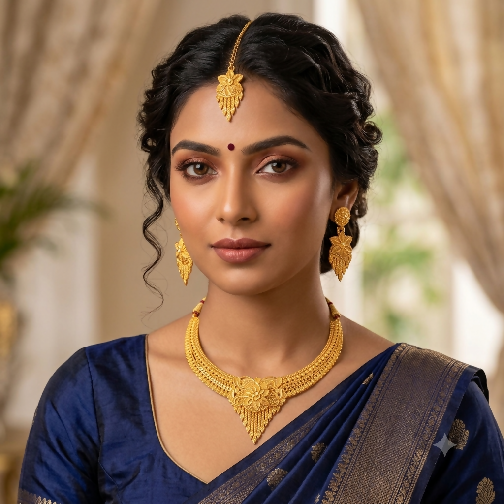 Traditional Gold-Plated Bridal Necklace Set with Earrings and Maang Tikka for Women