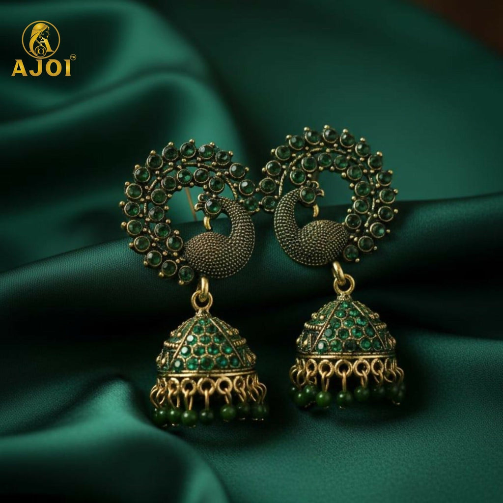 Peacock Jhumka Earrings – Emerald Green Stones & Antique Gold