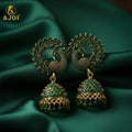 Peacock Jhumka Earrings – Emerald Green Stones & Antique Gold