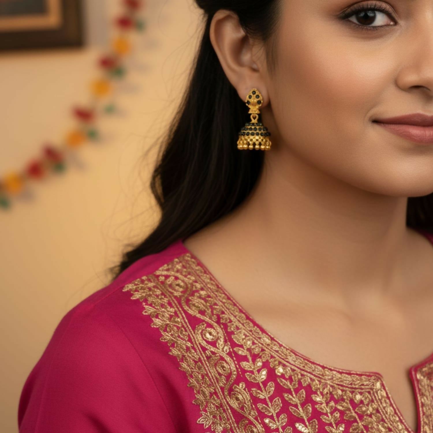 Golden Jhumka Earrings – Antique Style with Enamel Detailing