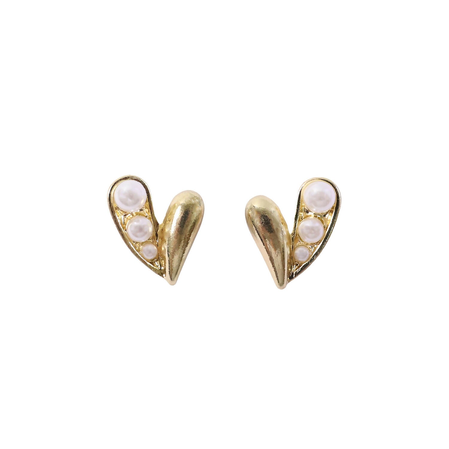 Gold Pearl Heart Stud Earrings – Elegant Korean Style for Women