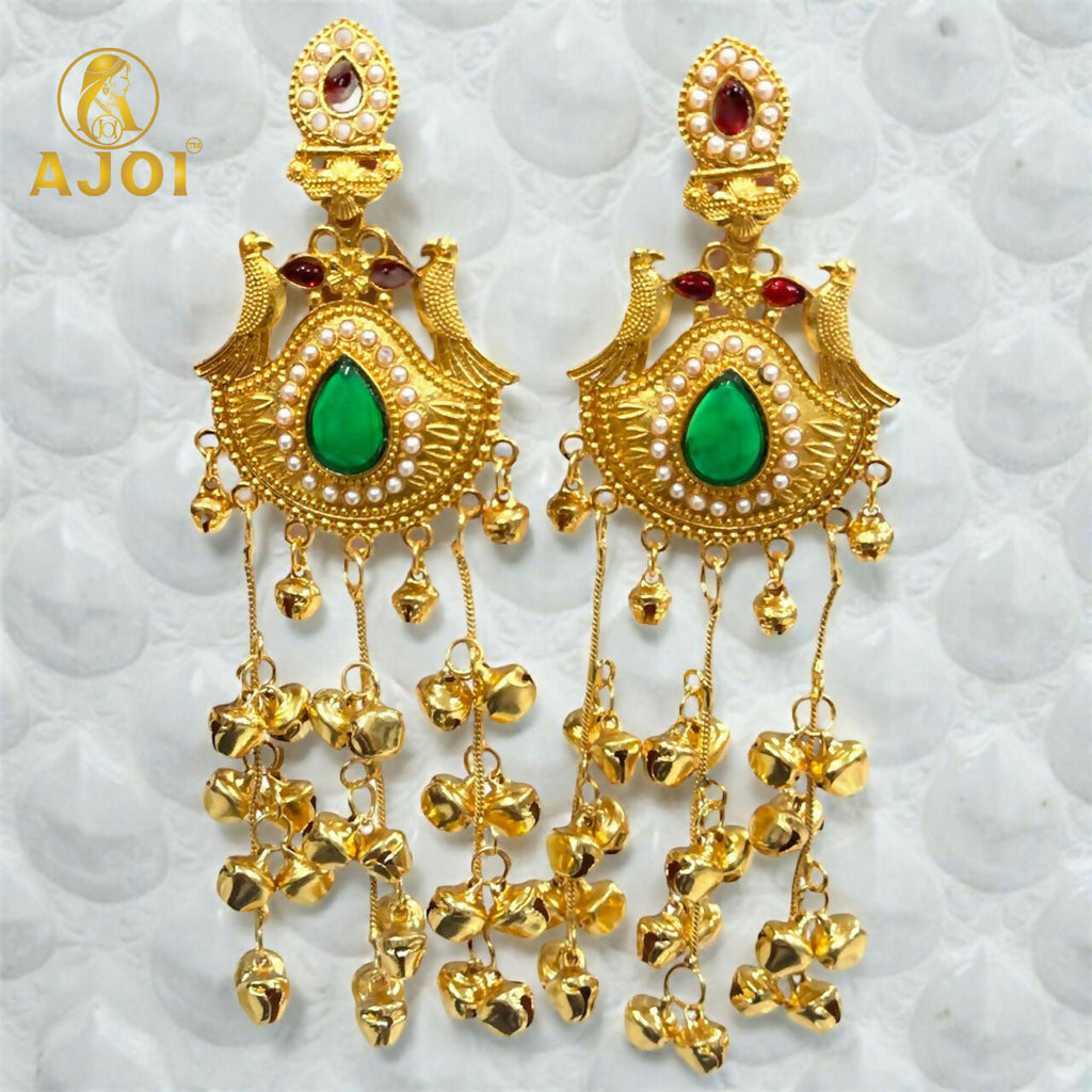 Kashmiri Gold-Plated Jhumka Earrings – Elegant Green Stone & Ghungroo