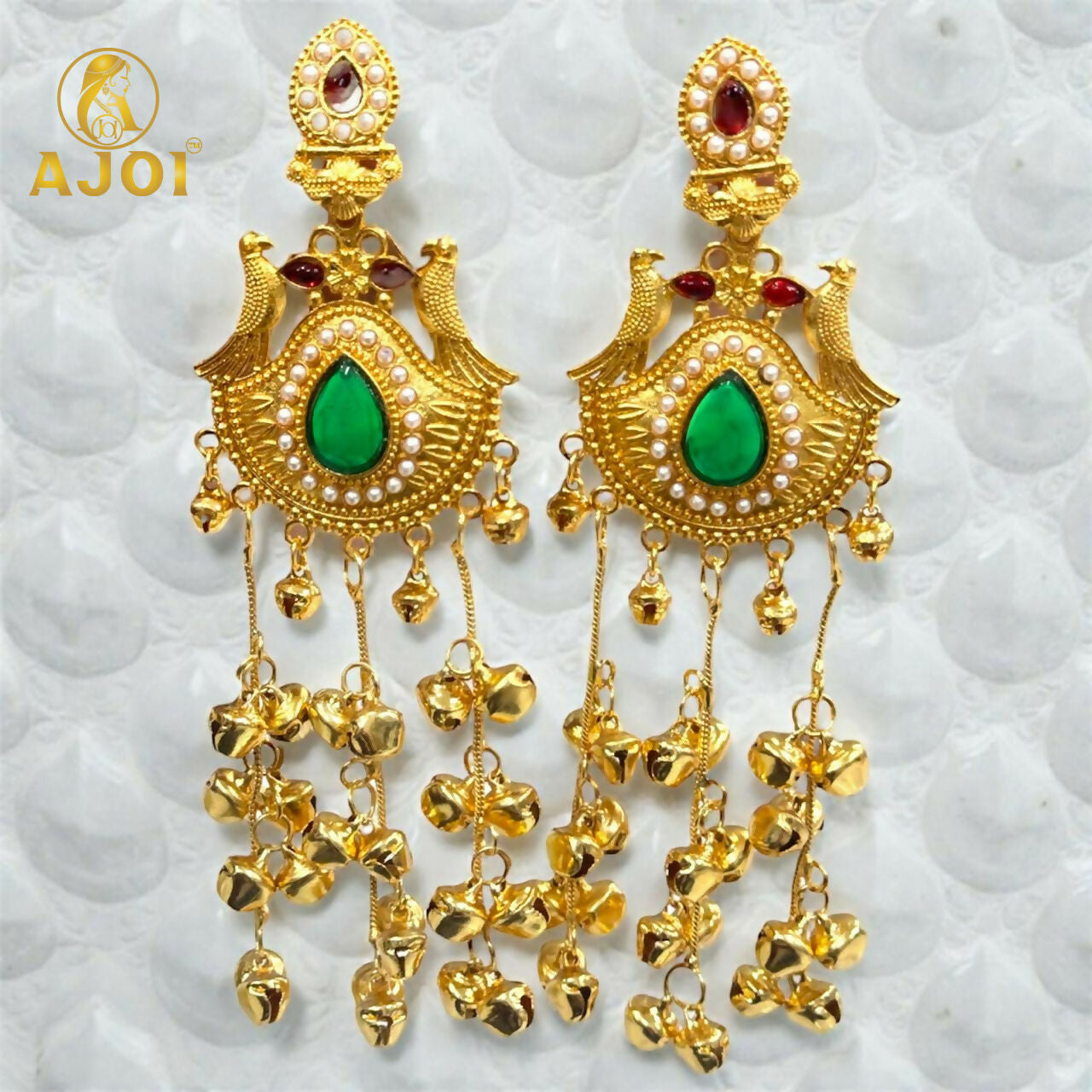 Kashmiri Gold-Plated Jhumka Earrings – Elegant Green Stone & Ghungroo