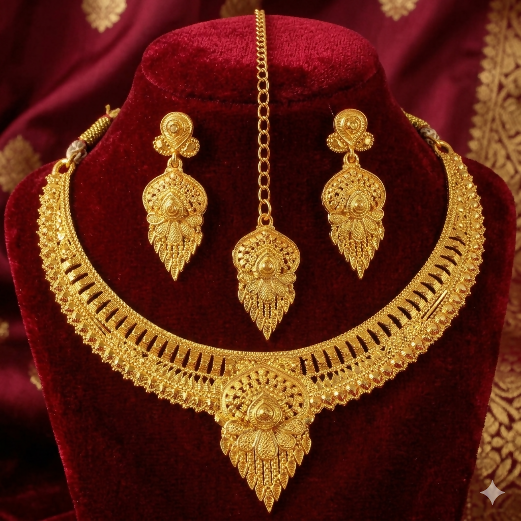 Traditional Gold Plated Haram Necklace Set with Earrings and Maang Tikka for Women
