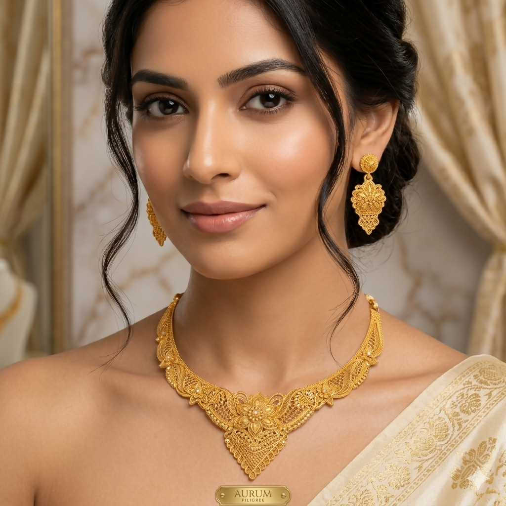 Gold-Tone Floral Necklace with Matching Earrings for Wedding & Festive Wear