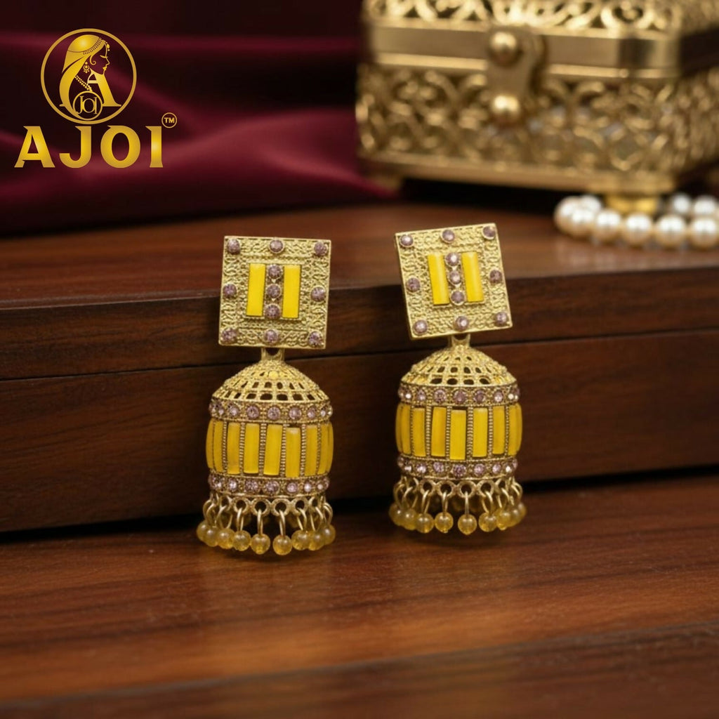 Mustard Yellow Designer Jhumka Earrings – Elegant Stone Detailing