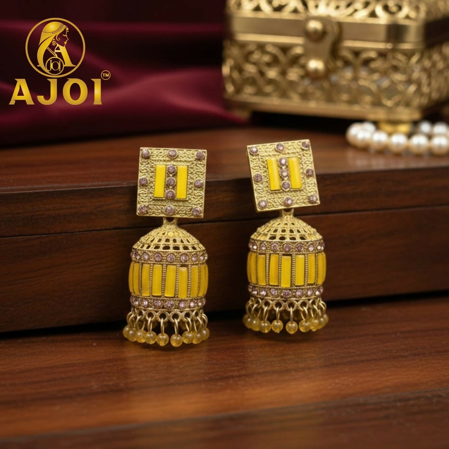 Mustard Yellow Designer Jhumka Earrings – Elegant Stone Detailing