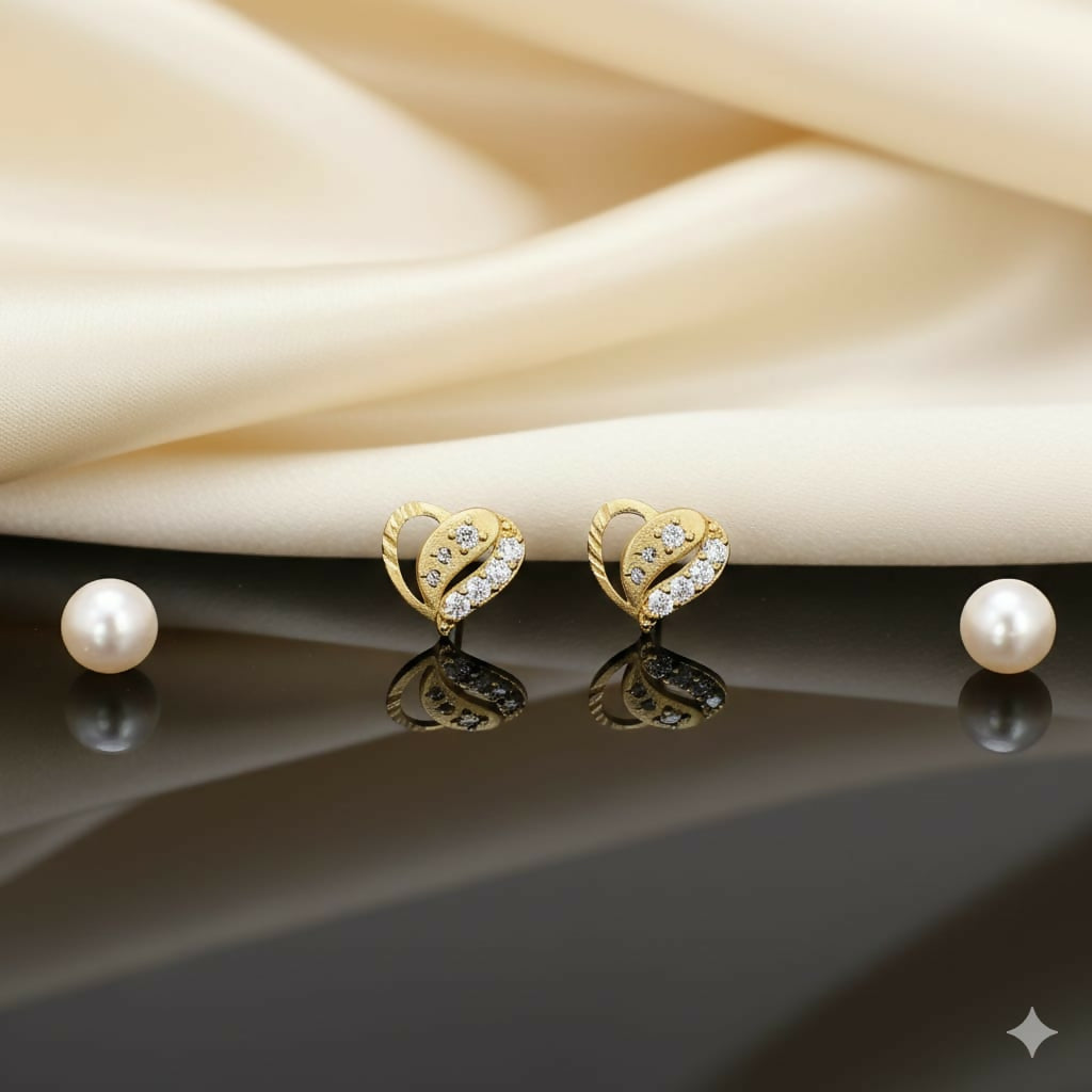 22K Gold Heart Stud Earrings – Sparkling Cubic Zirconia