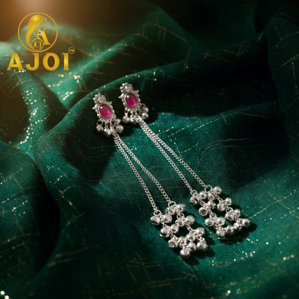 Kashmiri Silver-Tone Ruby Chain Drop Earrings – Luxurious Elegance