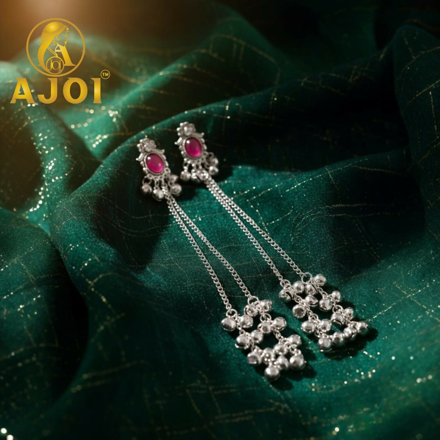 Kashmiri Silver-Tone Ruby Chain Drop Earrings – Luxurious Elegance