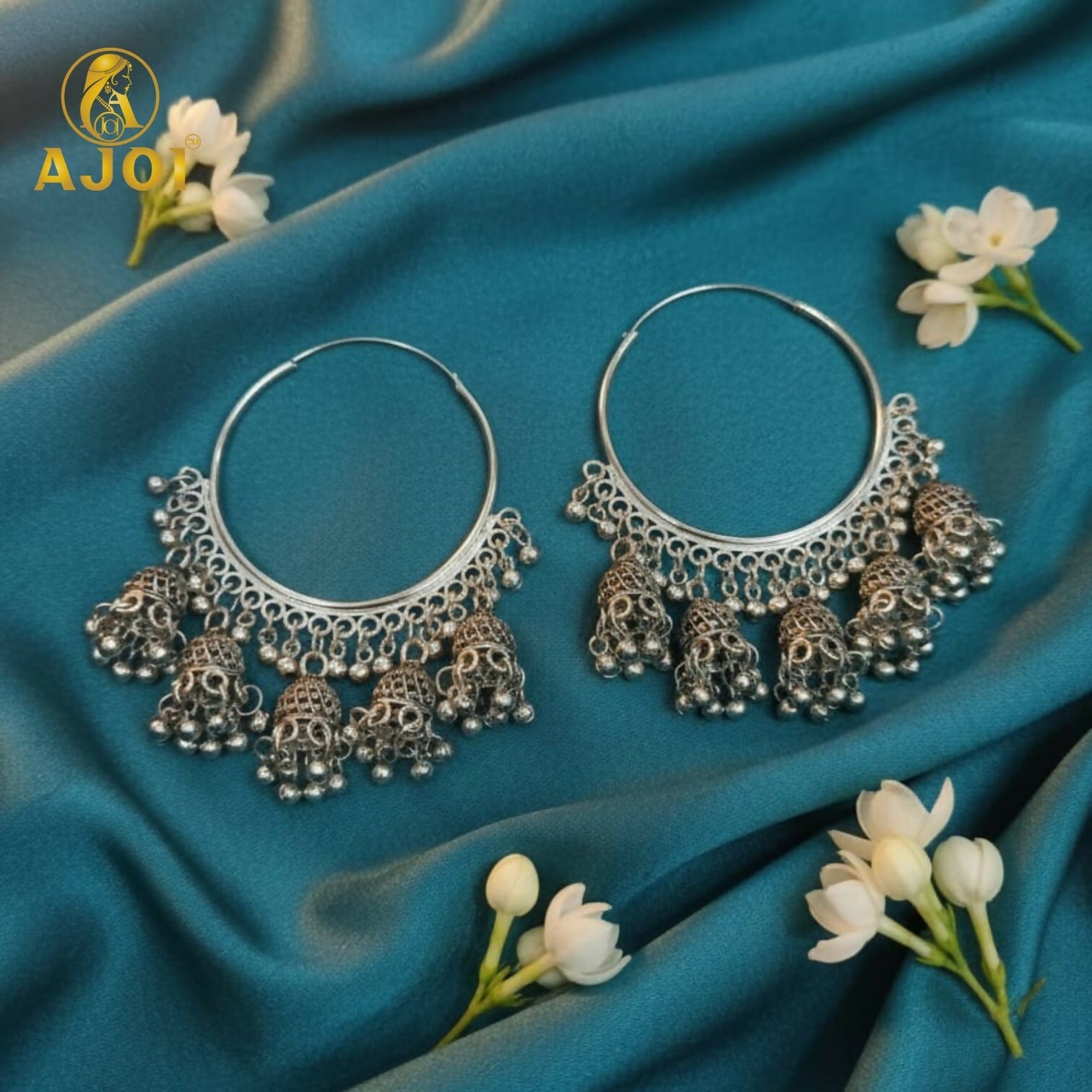 Oxidized Silver Hoop Jhumka Earrings – Intricate Filigree & Bell Danglers