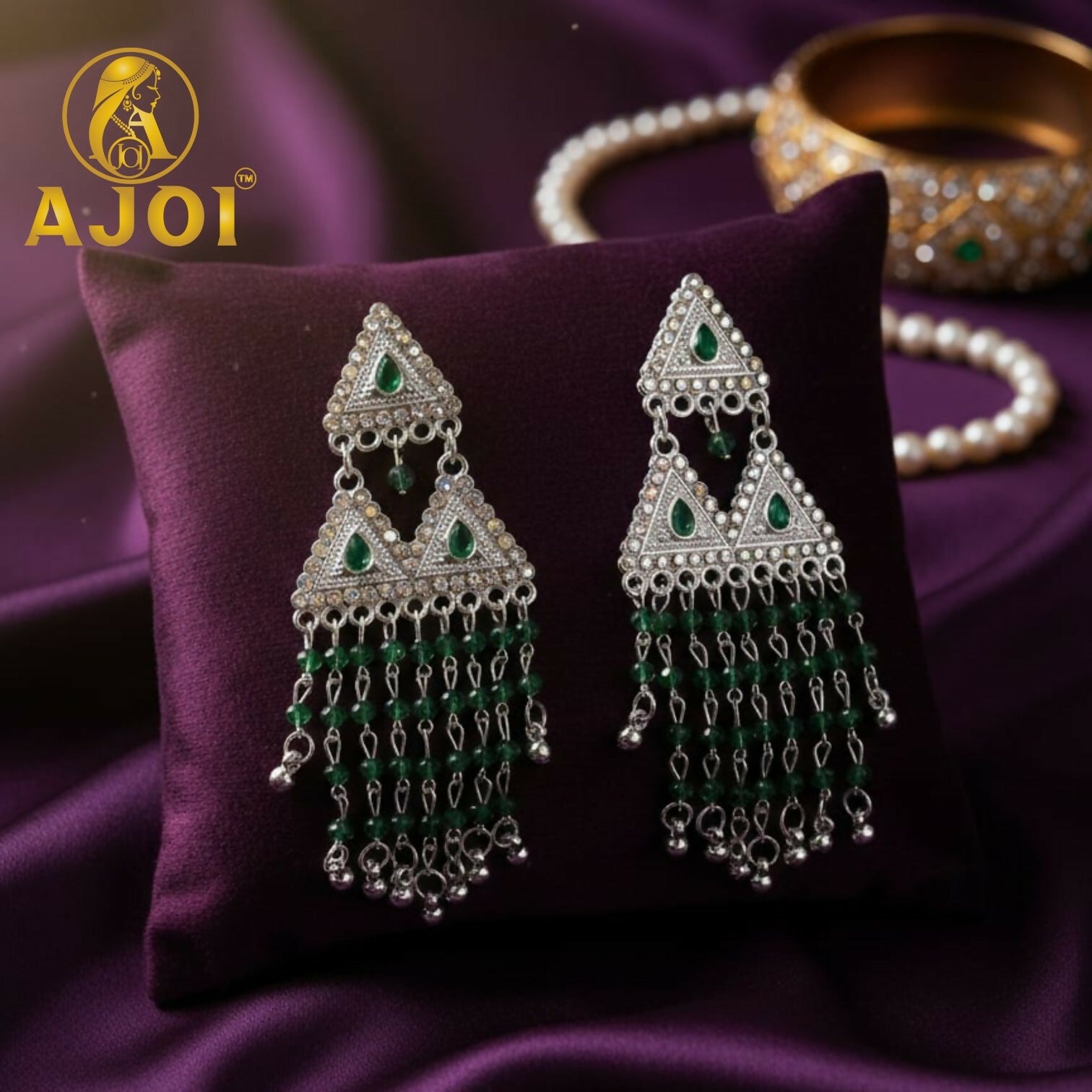 Silver-Tone Triangle Statement Earrings with Emerald Bead Tassels