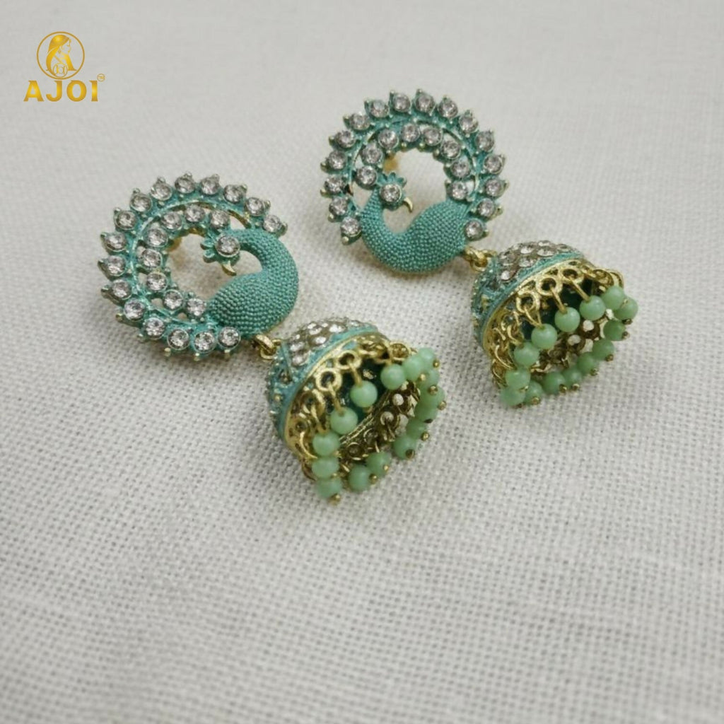 Peacock Stone Jhumka Earrings – Elegant Mint Green Festive Jewelry