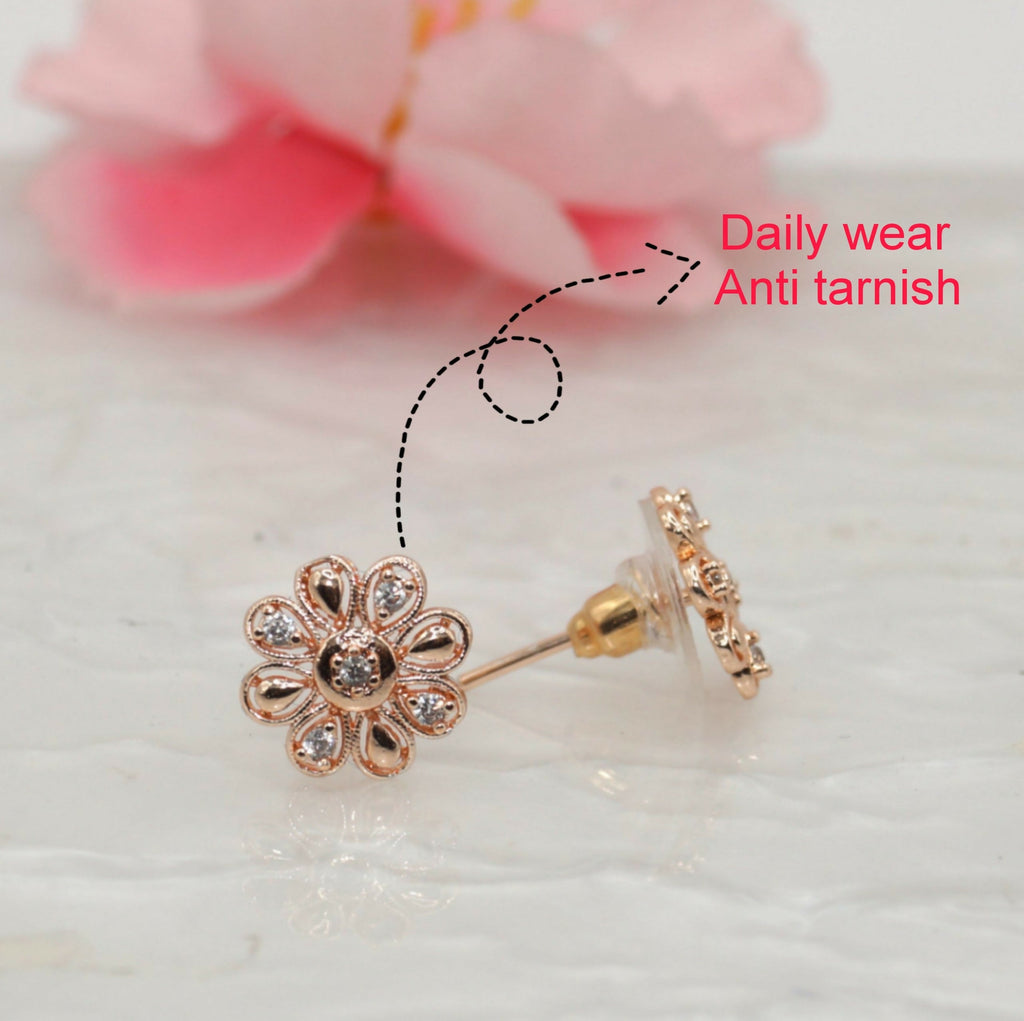 Rose Gold Diamond Flower Stud Earrings – Elegant Floral Sparkle
