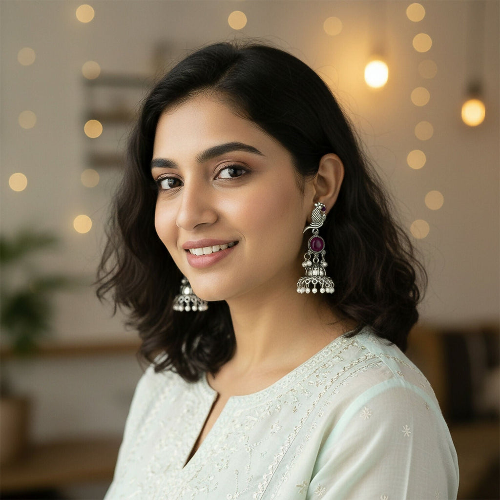 Oxidised Silver Peacock Jhumka Earrings with Pink Stone and Pearl Drops for Women