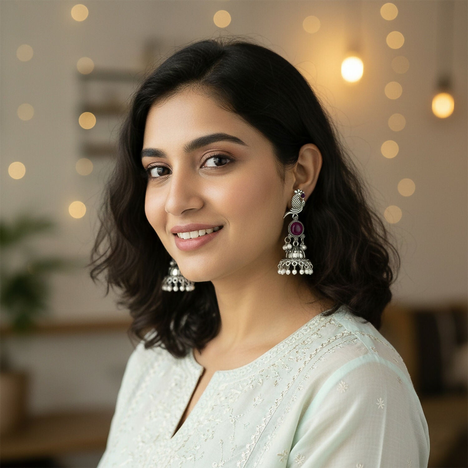 Oxidised Silver Peacock Jhumka Earrings with Pink Stone and Pearl Drops for Women