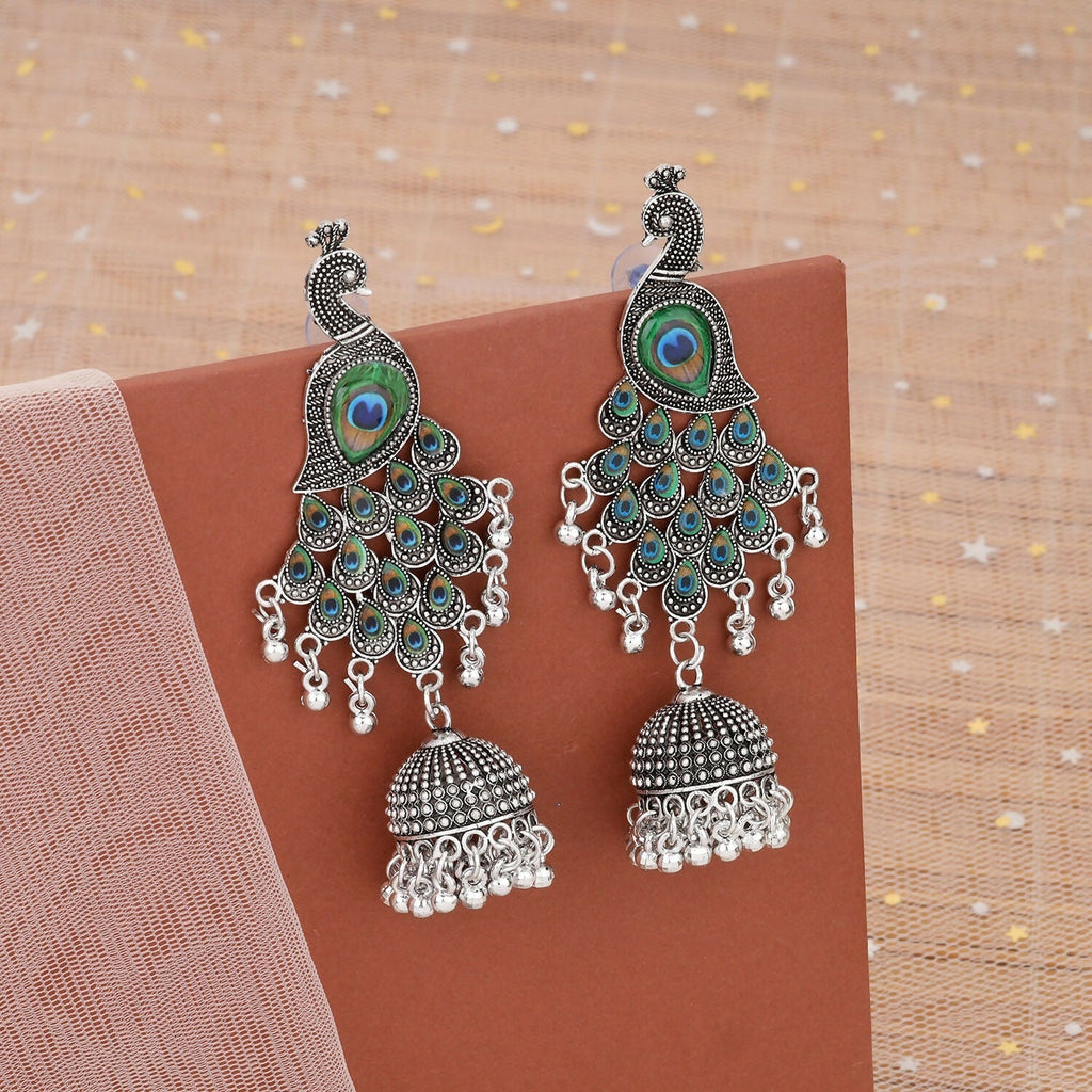 Peacock Jhumka Earrings – Premium Oxidised Silver Ethnic Design