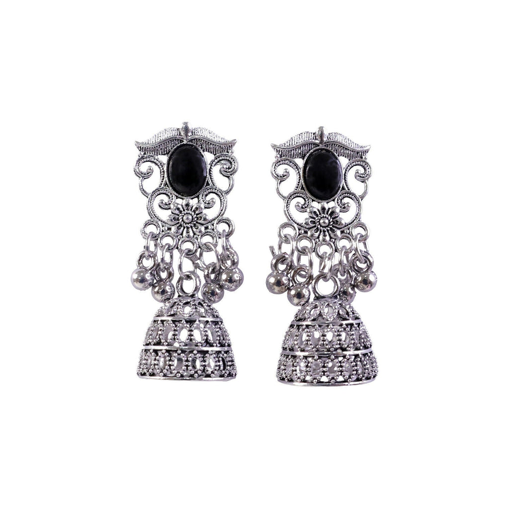 German Silver Jhumka Earrings – Elegant Black Monalisa Stones