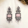 Oxidized Silver Drop Earrings – Pink Stone & Pearl Traditional Charm