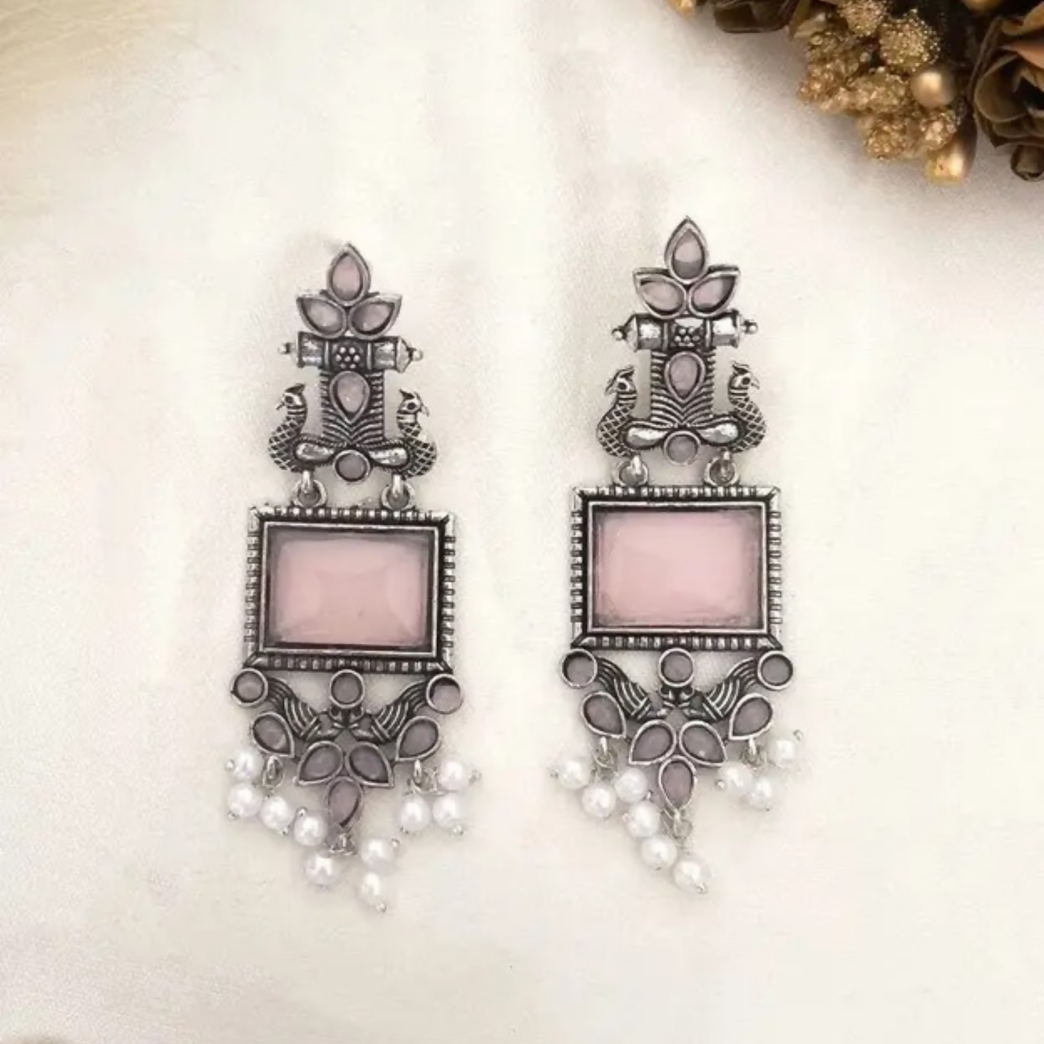 Oxidized Silver Drop Earrings – Pink Stone & Pearl Traditional Charm