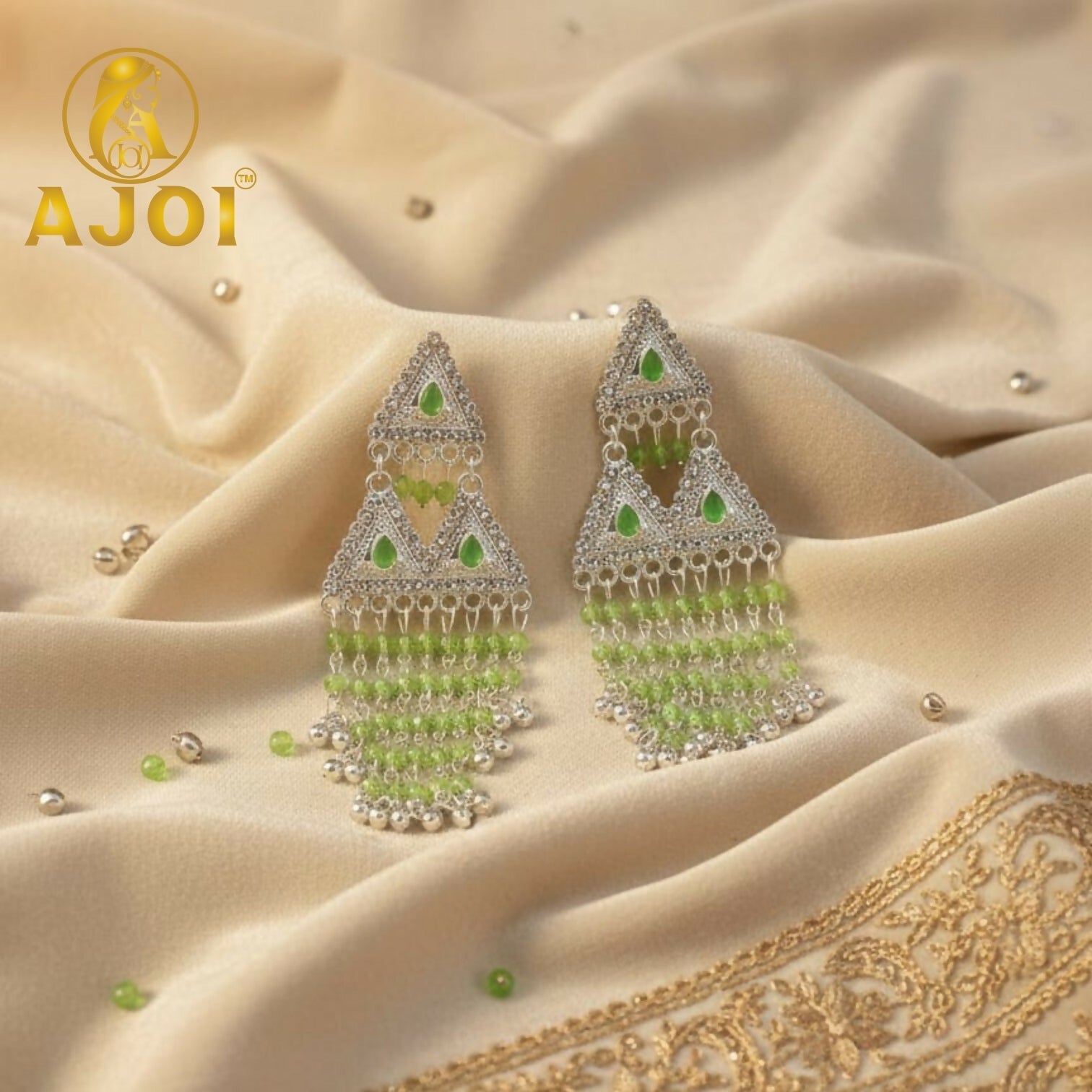 Emerald Drop Silver Statement Earrings – Elegant Beaded Tassels