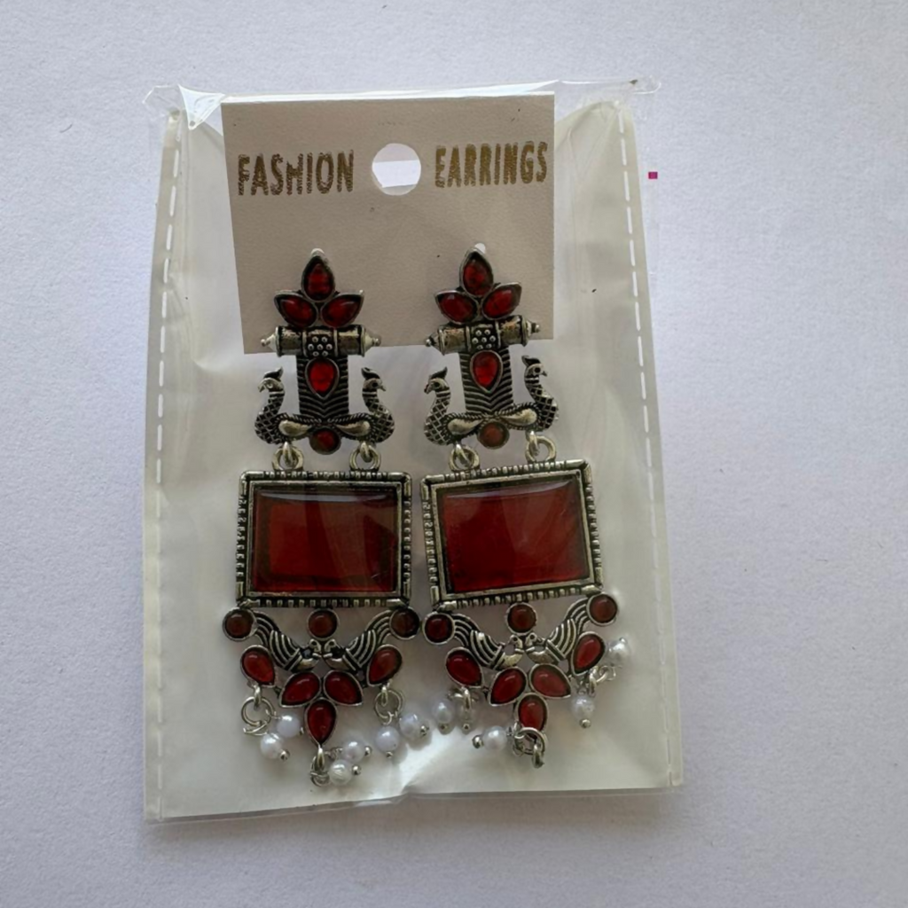 Oxidized Silver Earrings – Traditional Maroon Stone Pearl Drops